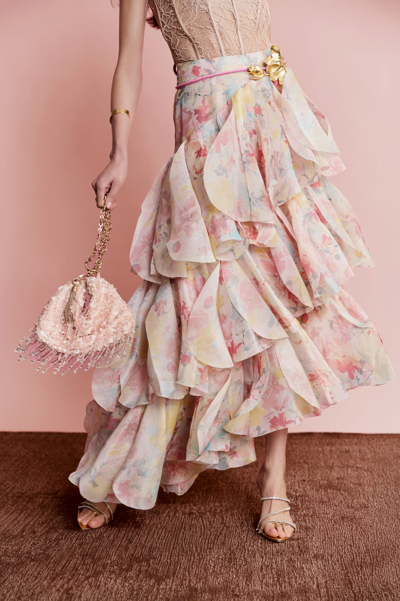 Pastel floral floor-length skirt, couture floral printed maxi with voluminous ruffled silhouette