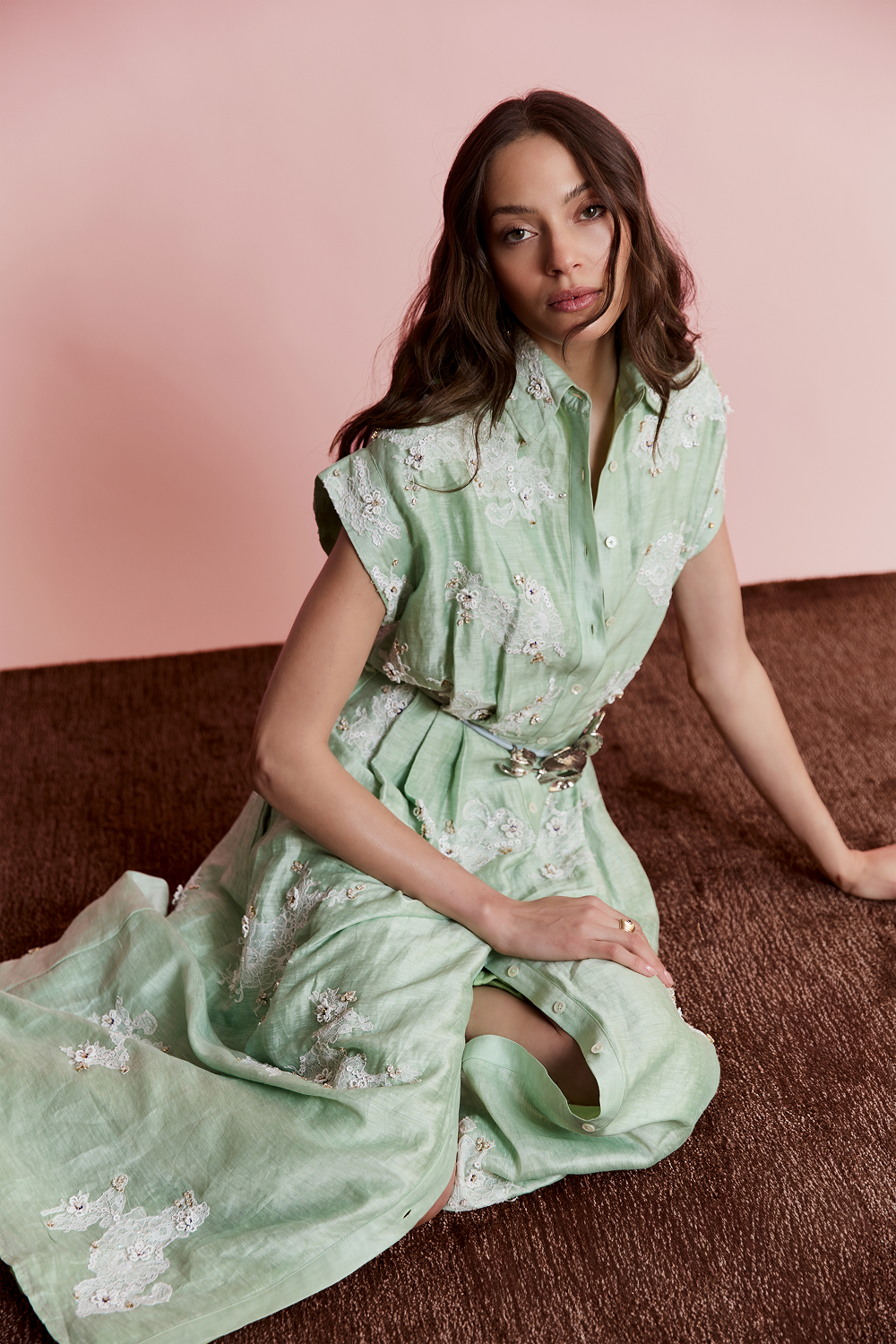 Elegant mint belted shirt dress with soft flowy fabric and feminine silhouette for daytime occasions