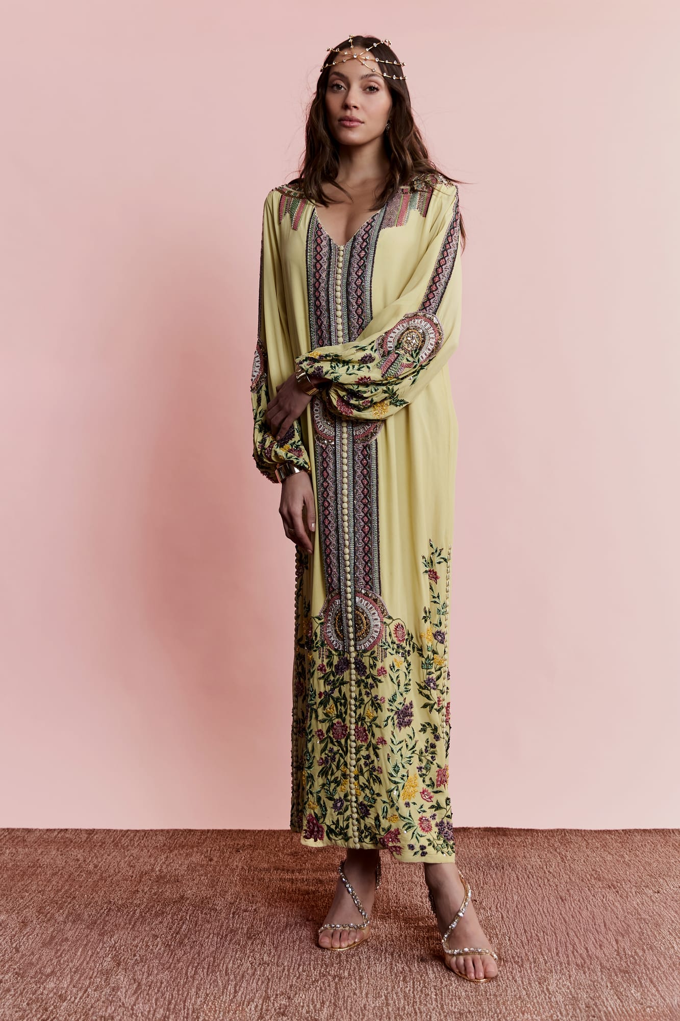 Hand-embroidered kaftan in artisanal couture gown style, high-end resort wear with sophisticated holiday attire