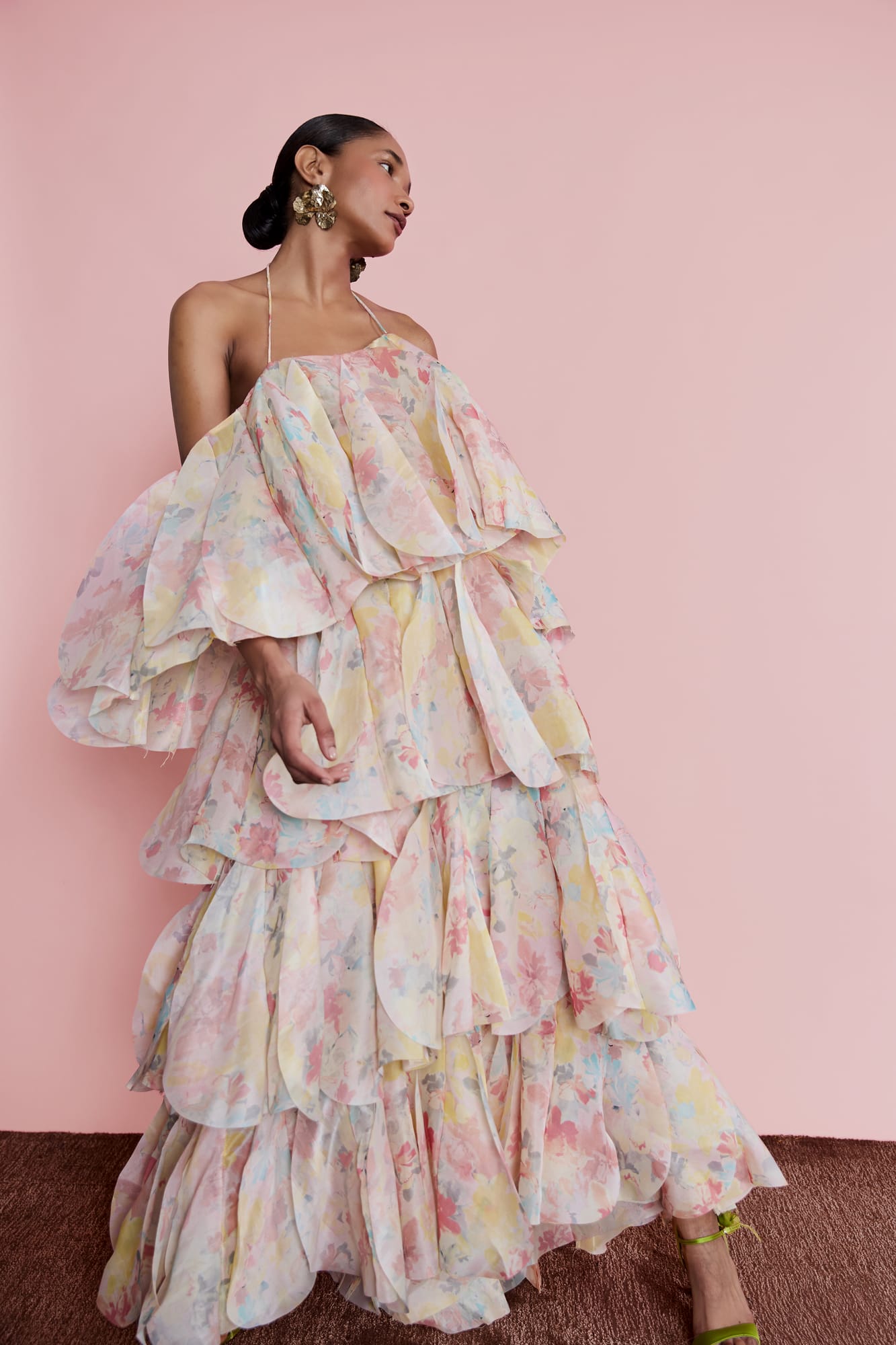 Ethereal pastel party dress, luxury tiered gown with artisanal ruffled fashion and couture resort wear