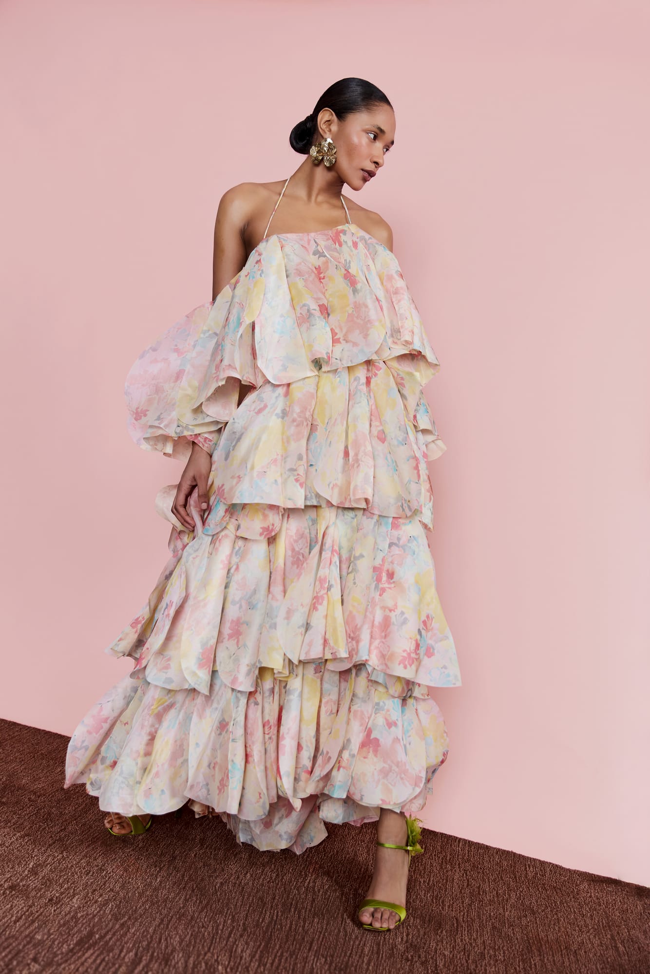 Designer floral ruffle maxi gown, voluminous tiered silhouette for high-fashion summer celebration wear