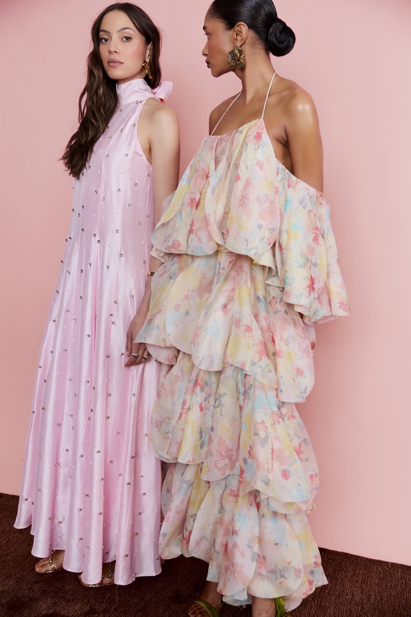 Luxury tiered gown with floral ruffle maxi design, ethereal pastel party dress for garden wedding look