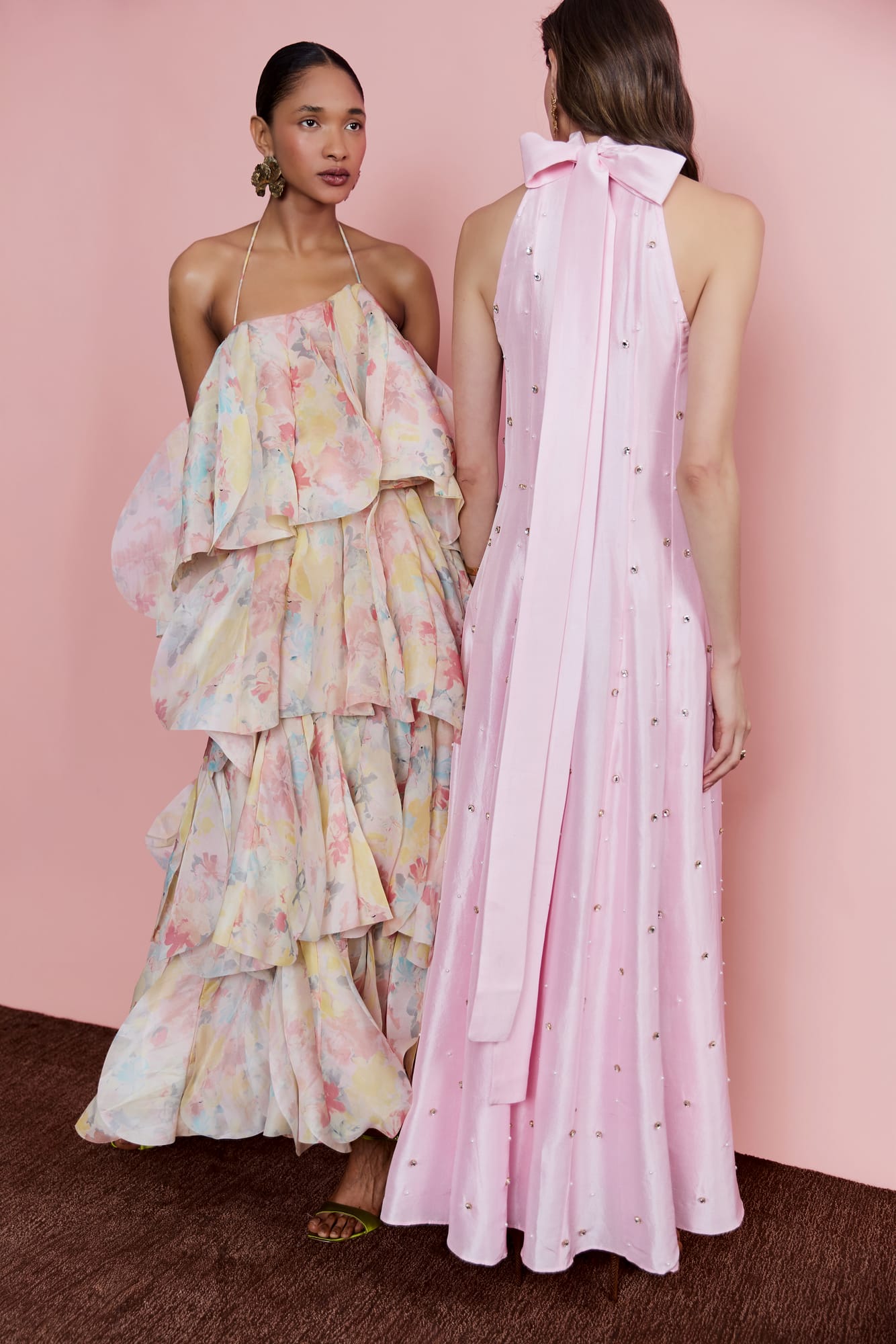 Pink party dress in floor-length gown style, crystal embellished luxury halter gown for formal occasions