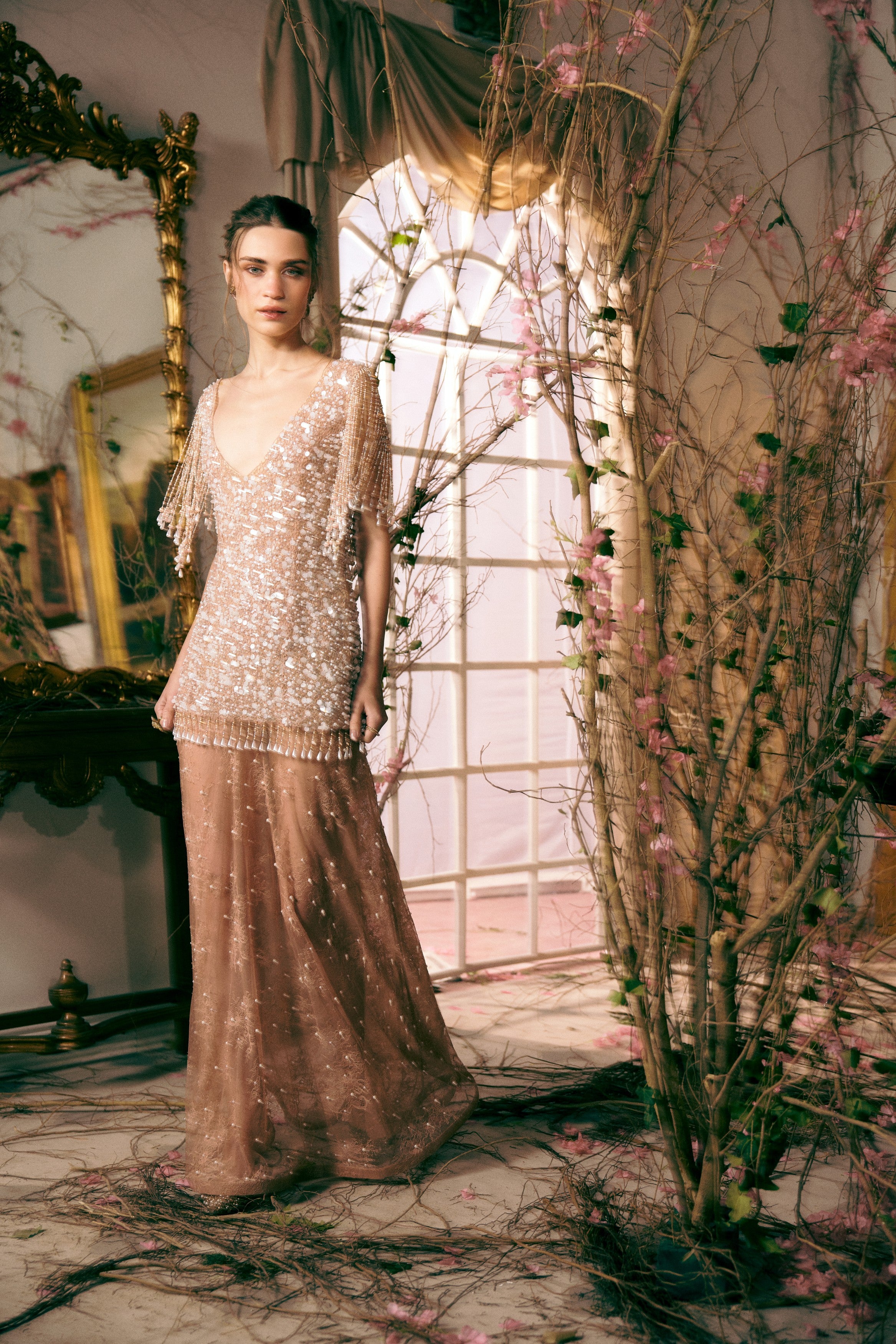 Red carpet couture fringe dress – crystal embellished champagne V-neck gown for high-end festive celebrations