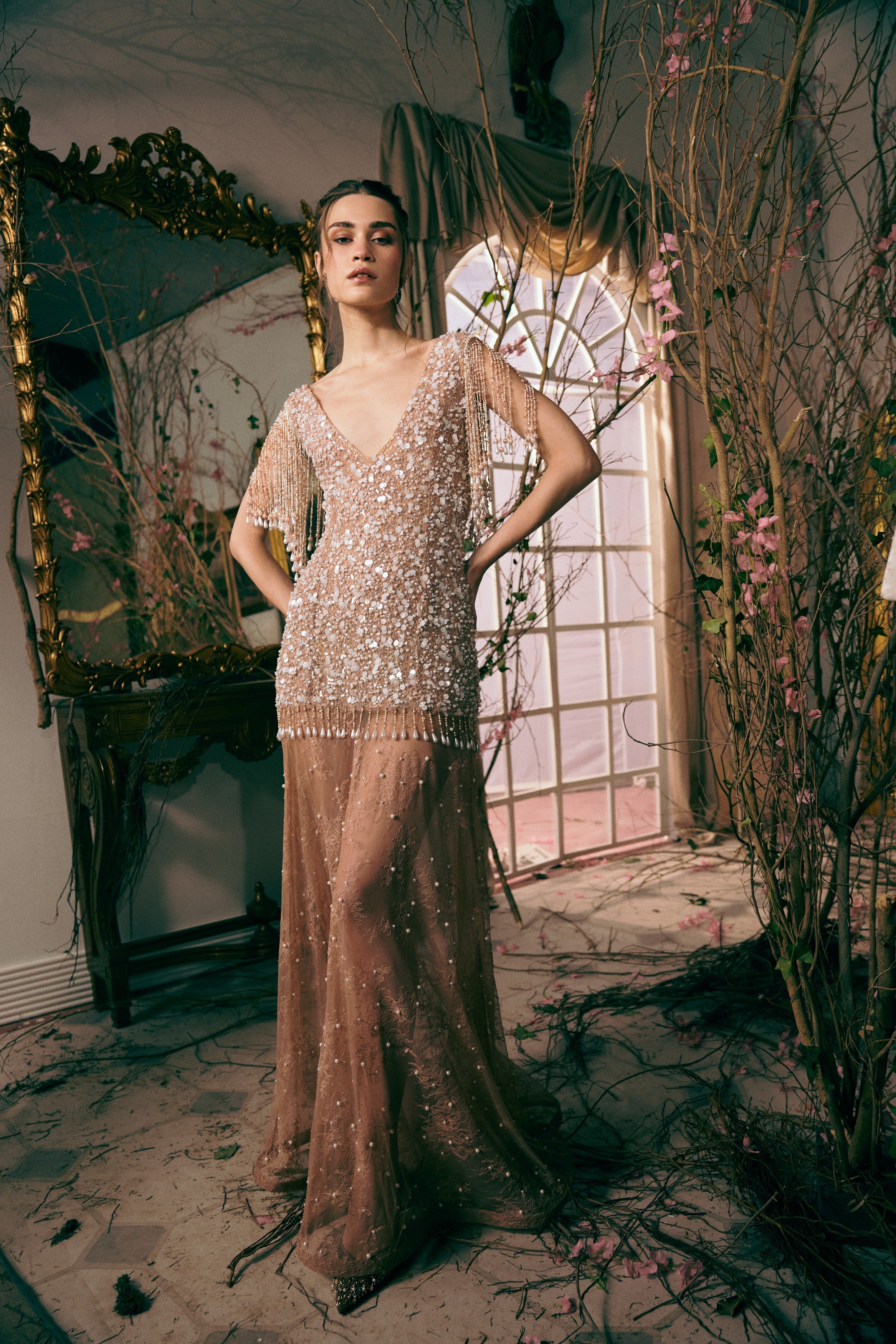Designer champagne fringe evening dress – crystal embellished V-neck gown for festive partywear and galas
