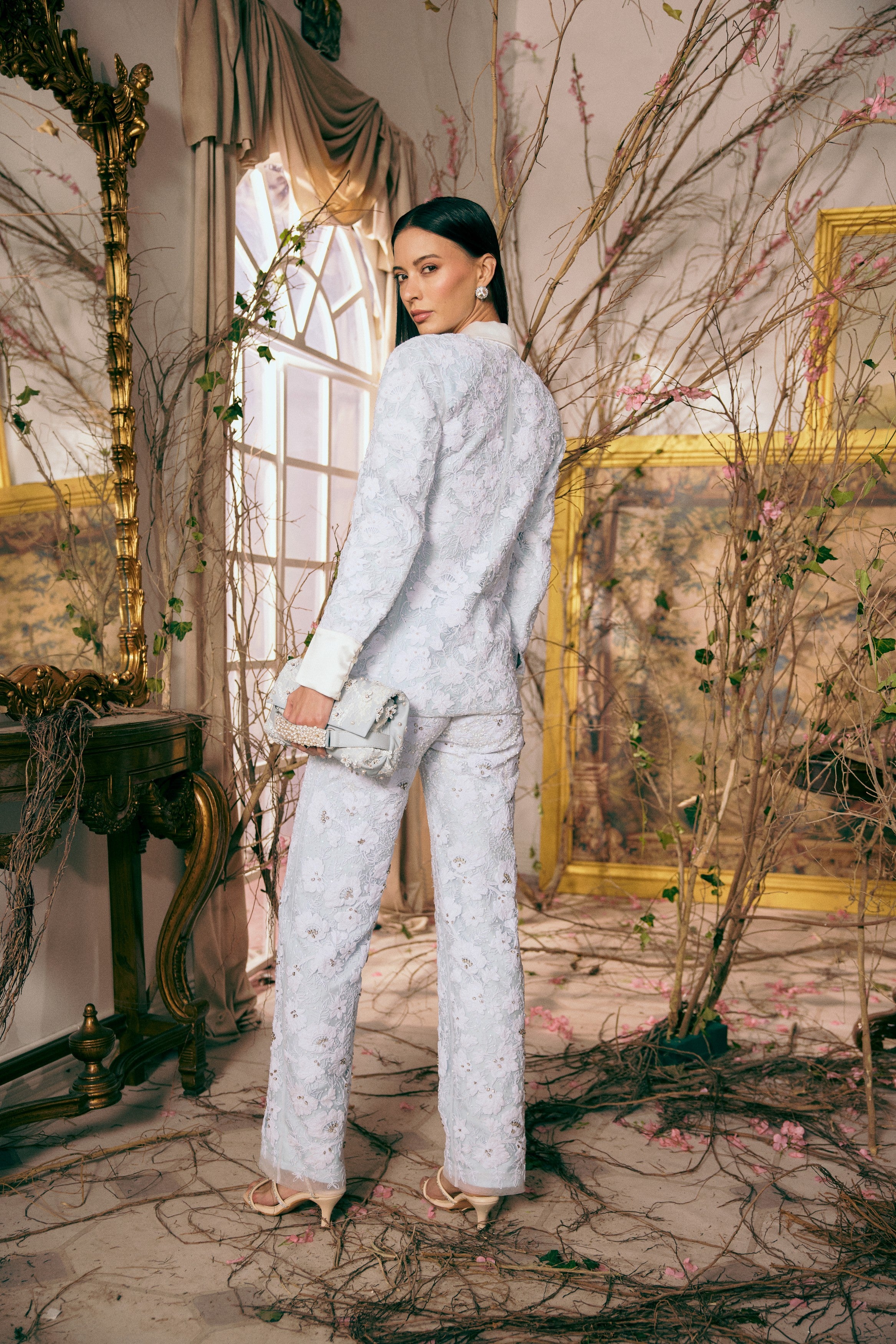 Crystal embellished satin lapel jacket – luxury icy blue floral lace blazer for high-end wedding guest fashion