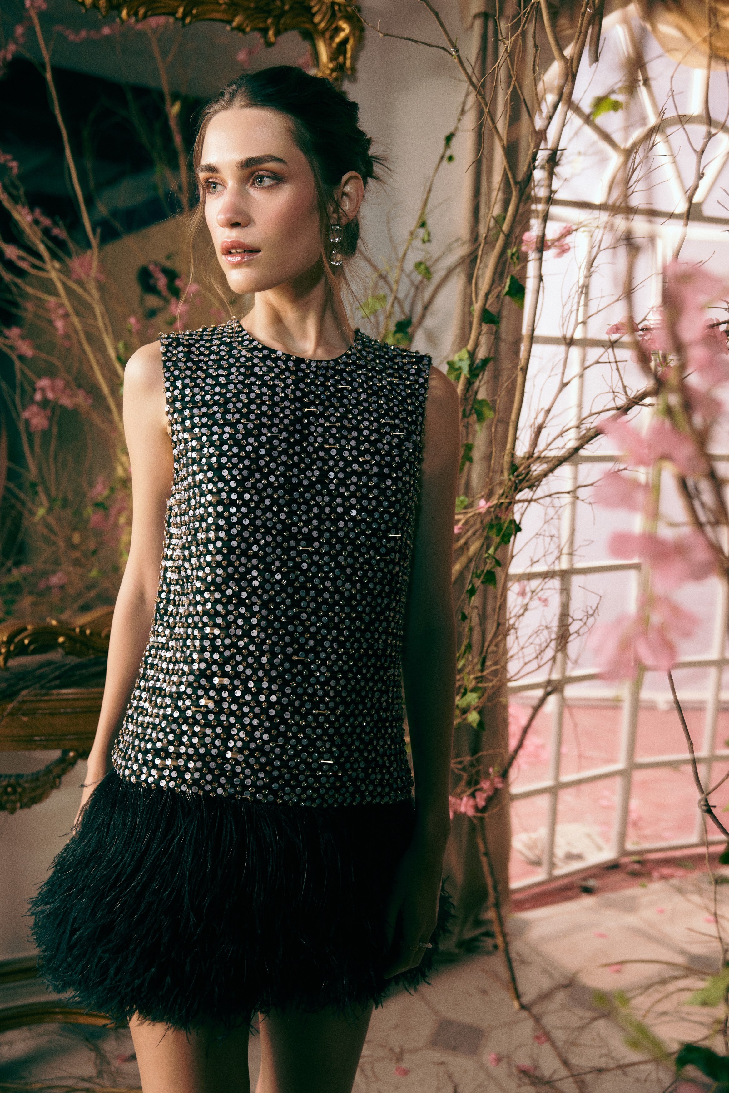 Glamorous ostrich feather gala mini – luxury midnight crystal sequin celestial embroidered dress for high-end partywear