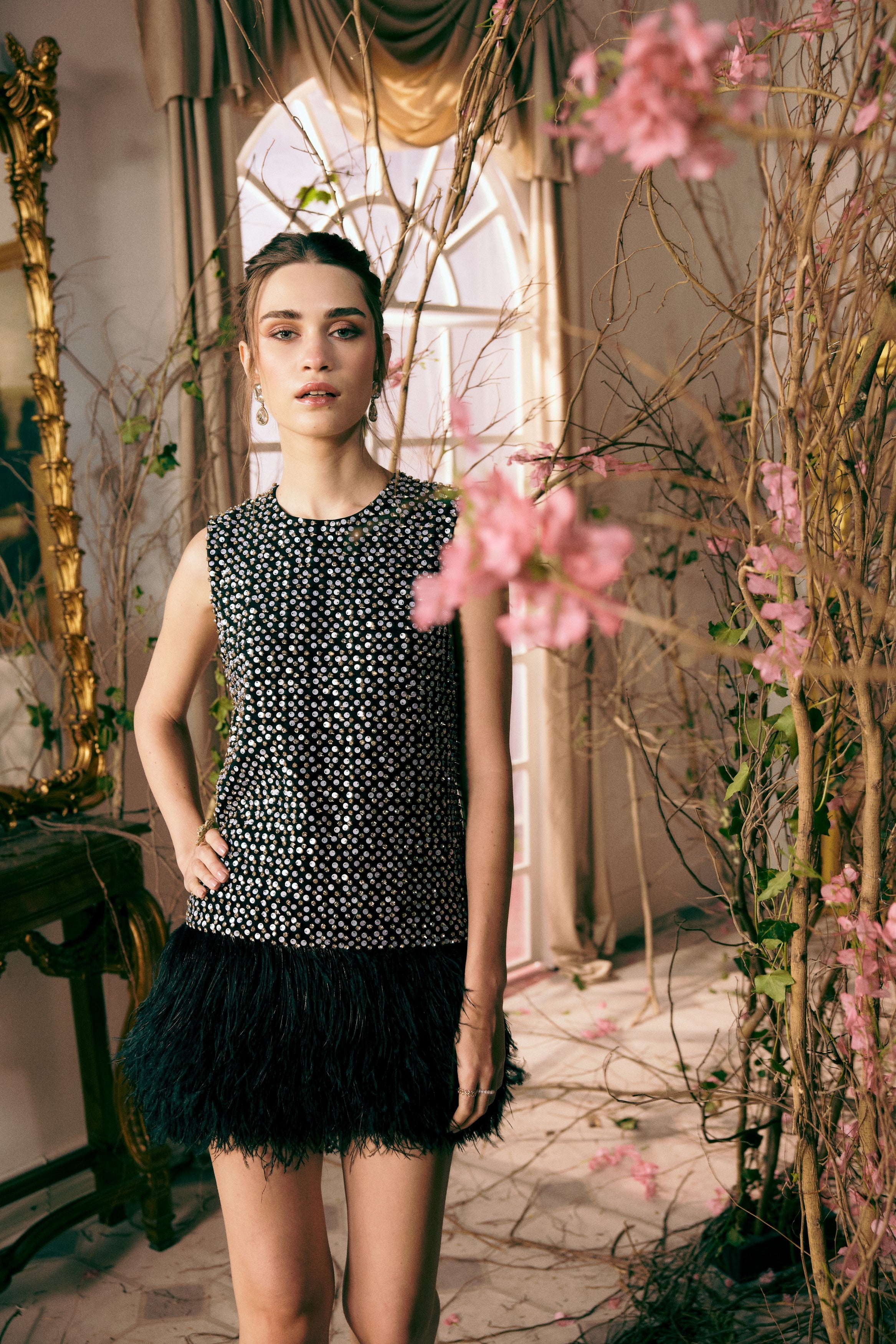 Luxury starry night celebration dress – crystal embellished midnight sequin feather mini with celestial embroidery detailing