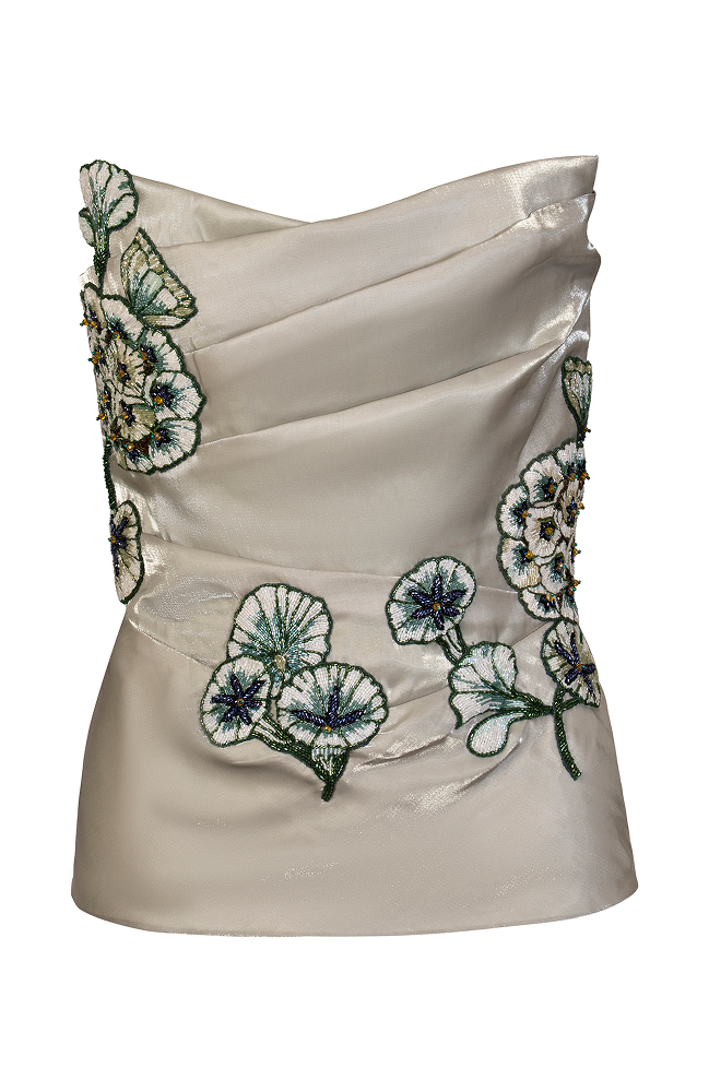 Beaded corset top styled as an elegant evening wear top
