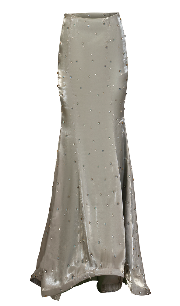 Long, sheer skirt with embellishments on a white background