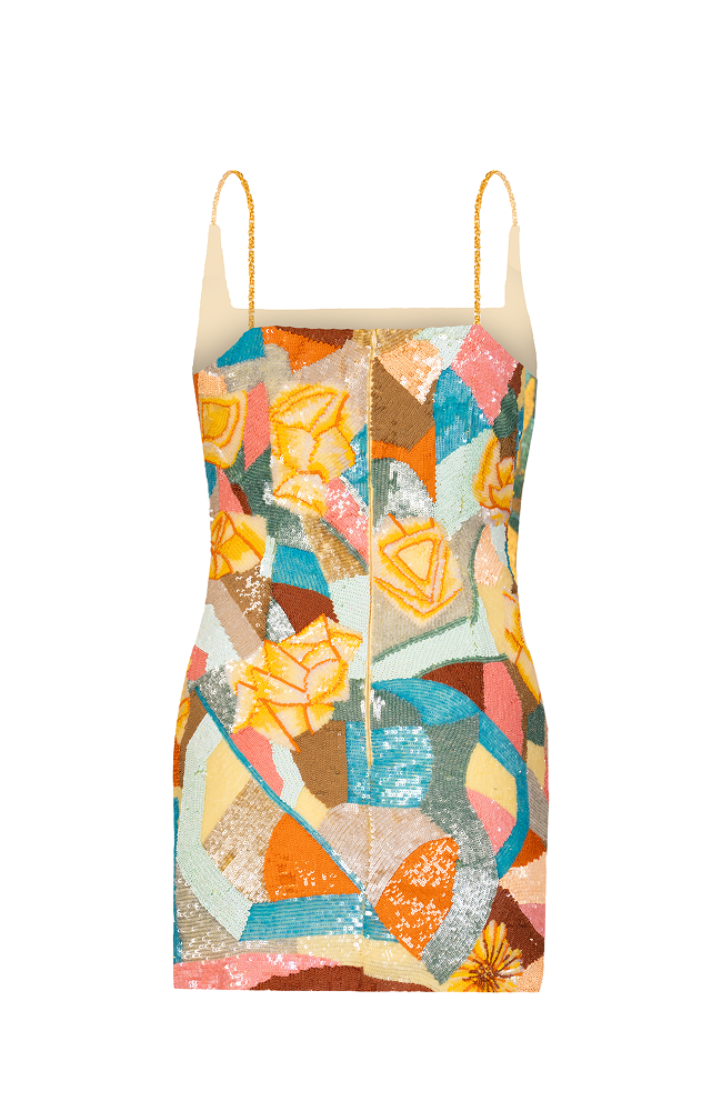 Multi coloured beaded after party dress designed for stylish late-night celebrations
