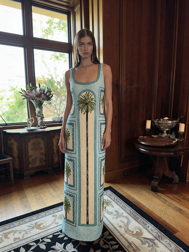 Embellished midi party dress with square neckline, luxury embroidered evening dress for wedding guest occasions