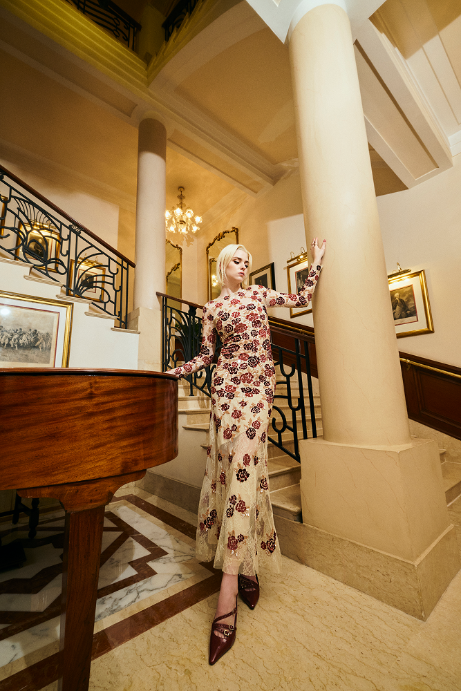 Fitted party dress evening gown created for resort party dress and luxury vacation wear