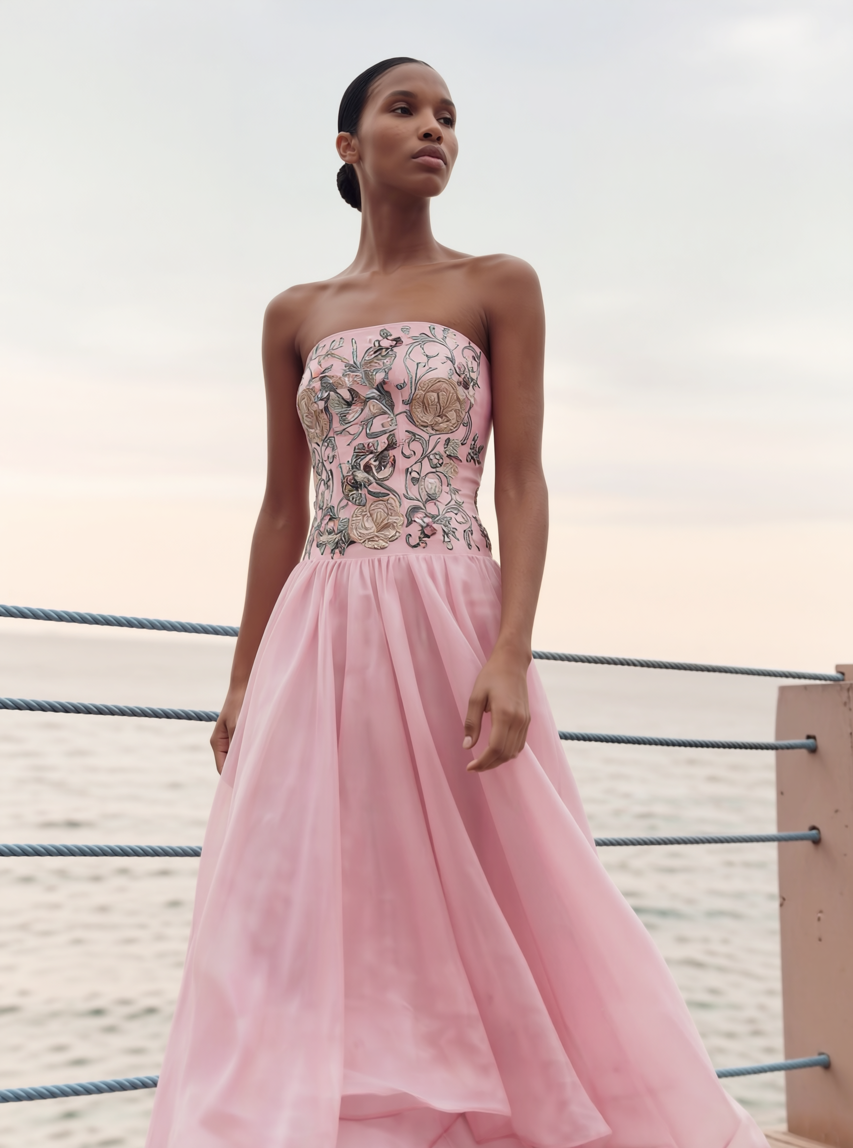 Woman wearing a pink strapless dress with floral embroidery against a neutral background