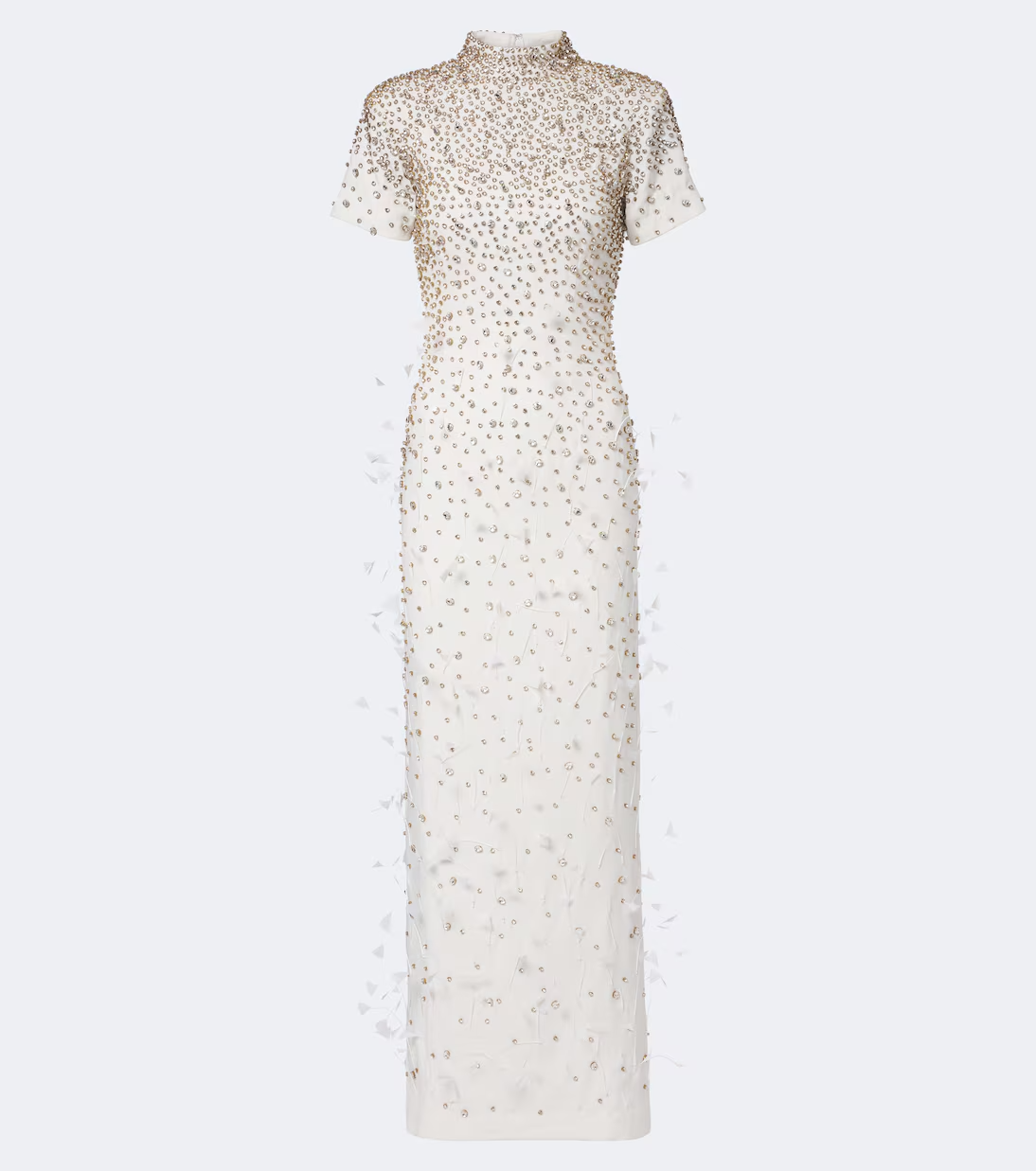 An off-white high-neck, short-sleeved maxi dress covered in delicate gold beadwork and sequins, shown against a plain light gray background.