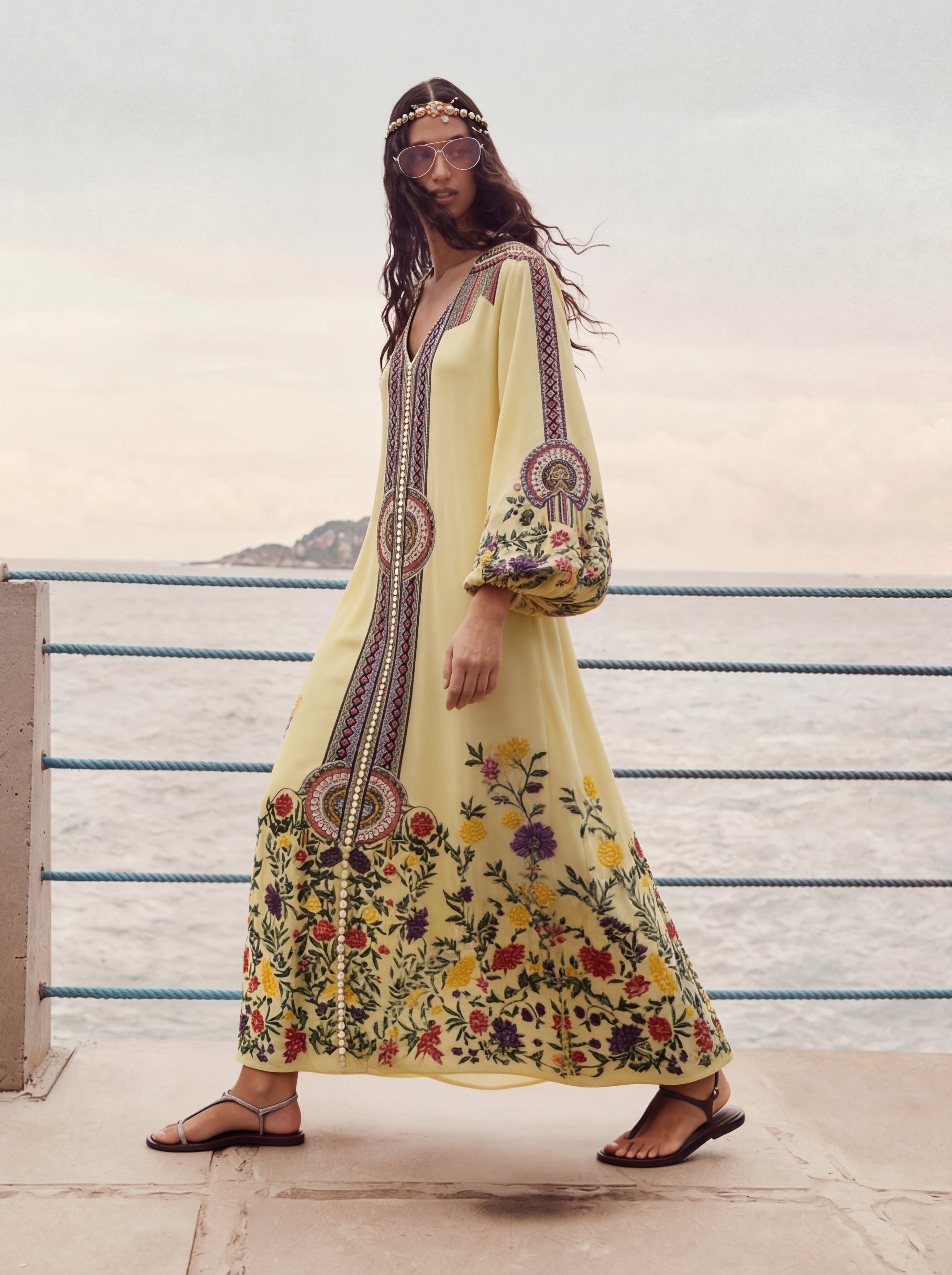 Woman wearing a long, embroidered yellow dress by the sea.