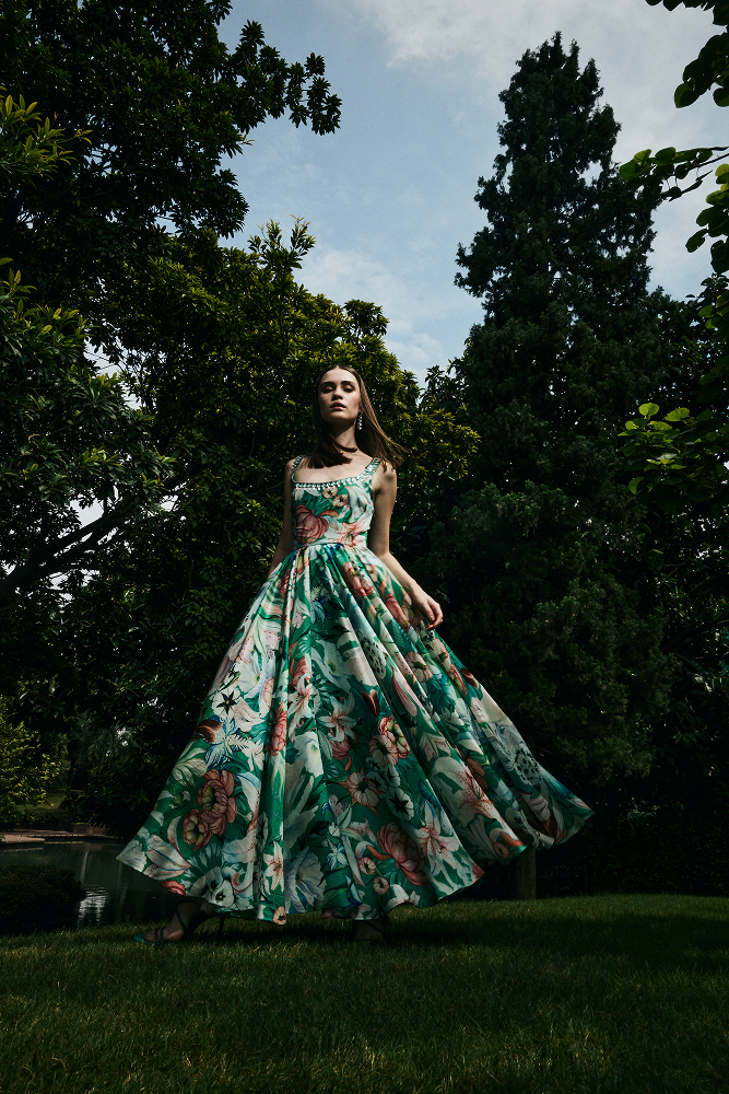 Fit and flare embellished dress designed as a wedding guest dress
