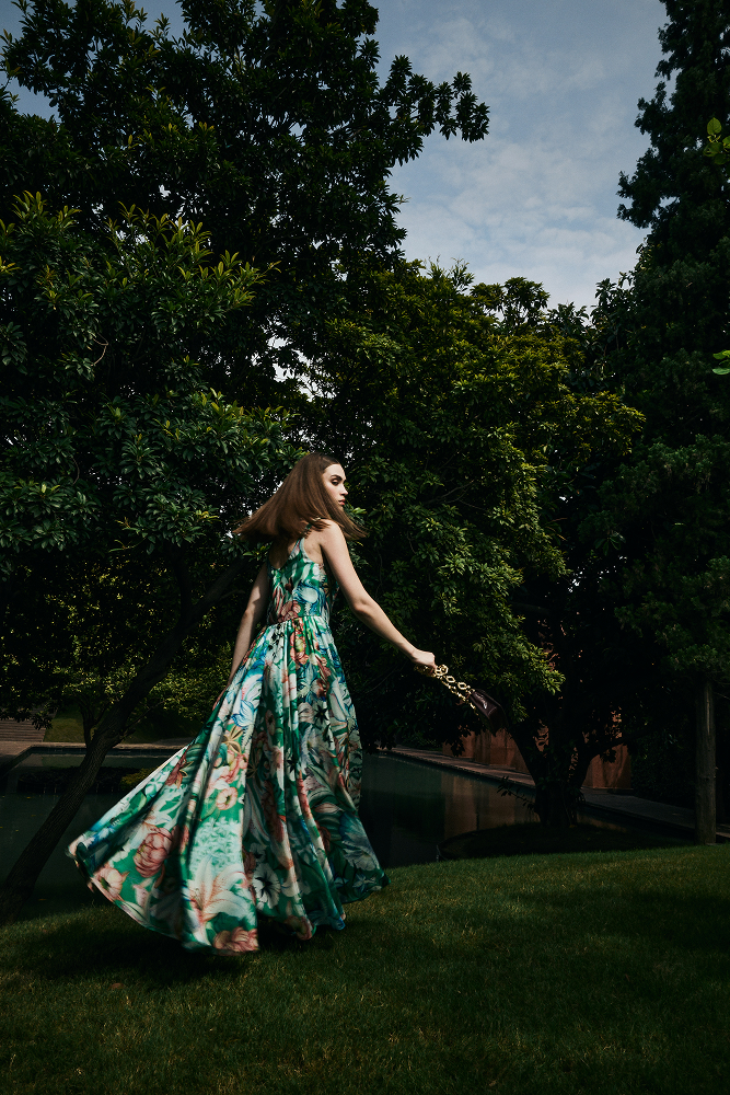 Destination wedding guest look featuring a printed embellished dress
