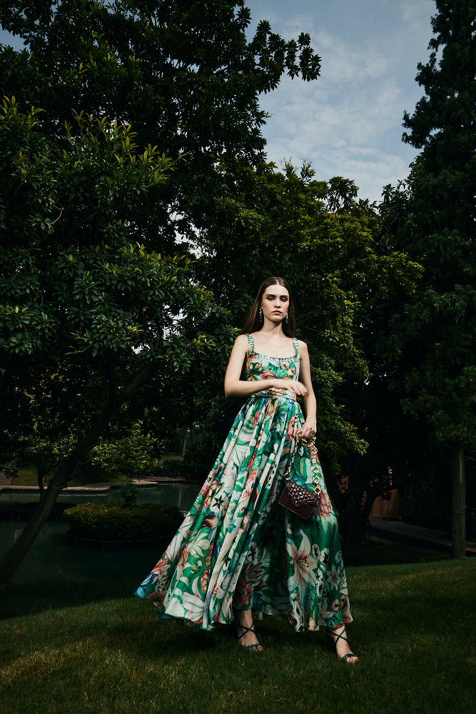 Voluminous evening dress created for destination wedding guest occasions
