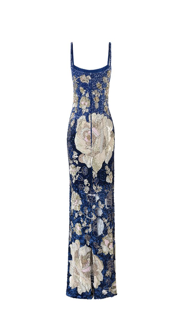 Rose motif dress crafted in a sleek column silhouette for a luxurious evening look.