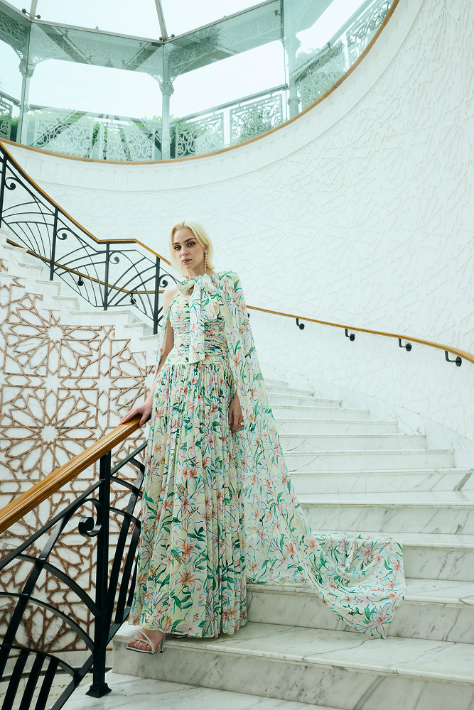 Full-length printed dress styled as a garden party dress and brunch party dress