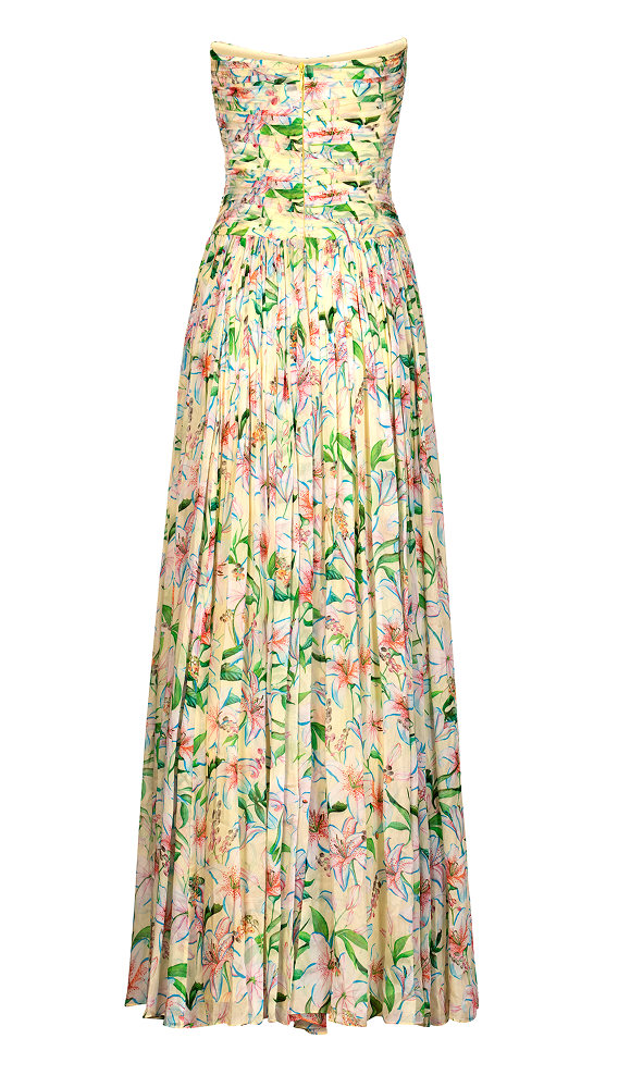 Garden party dress with floral print details, perfect for outdoor day events