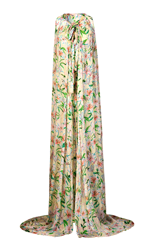 Floral cape gown crafted for contemporary ethnic fusion with a lightweight sheer cape overlay