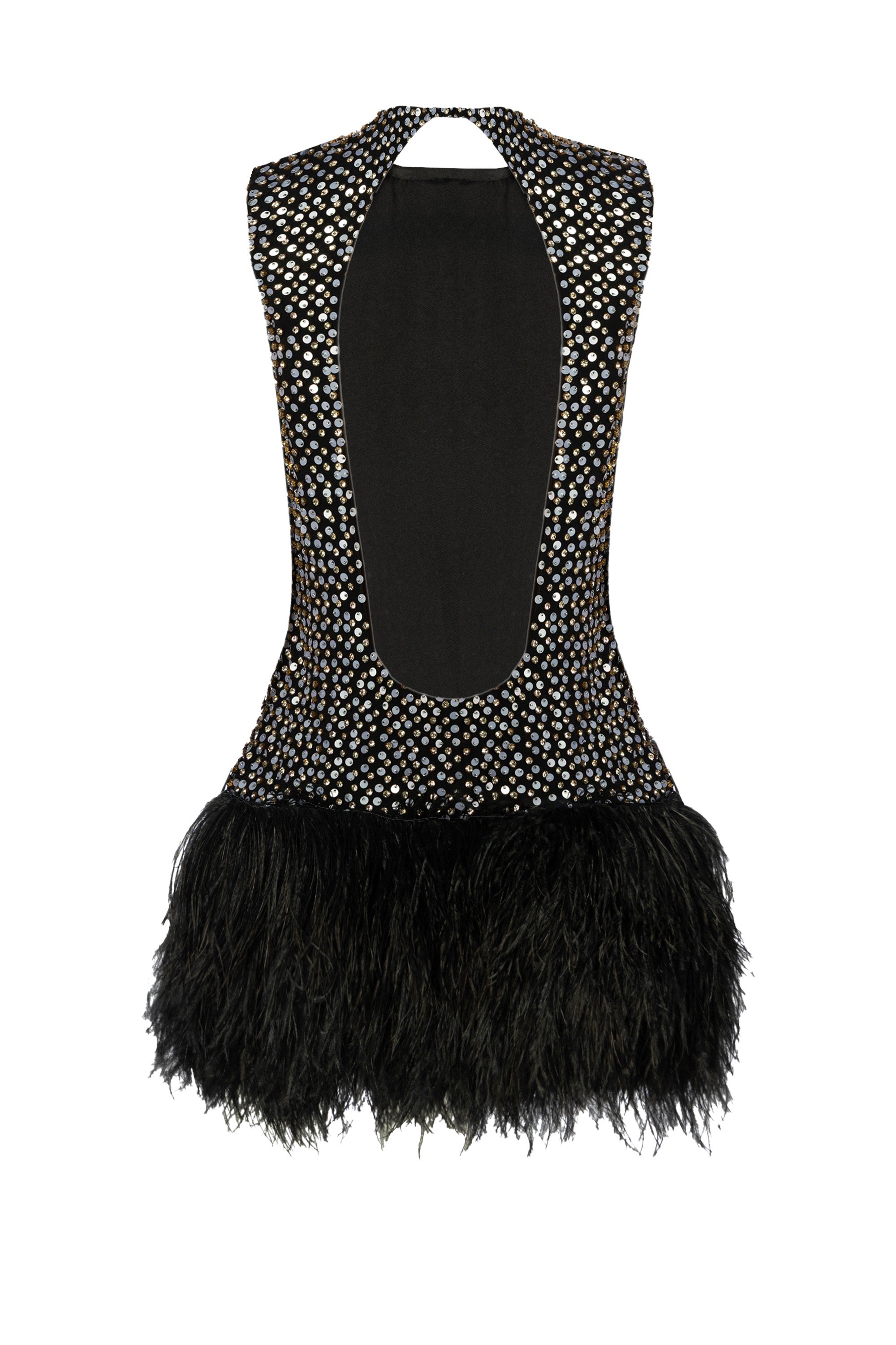 Starry night high-end feather mini – luxury midnight crystal embellished sequin ostrich dress for glamorous gala partywear