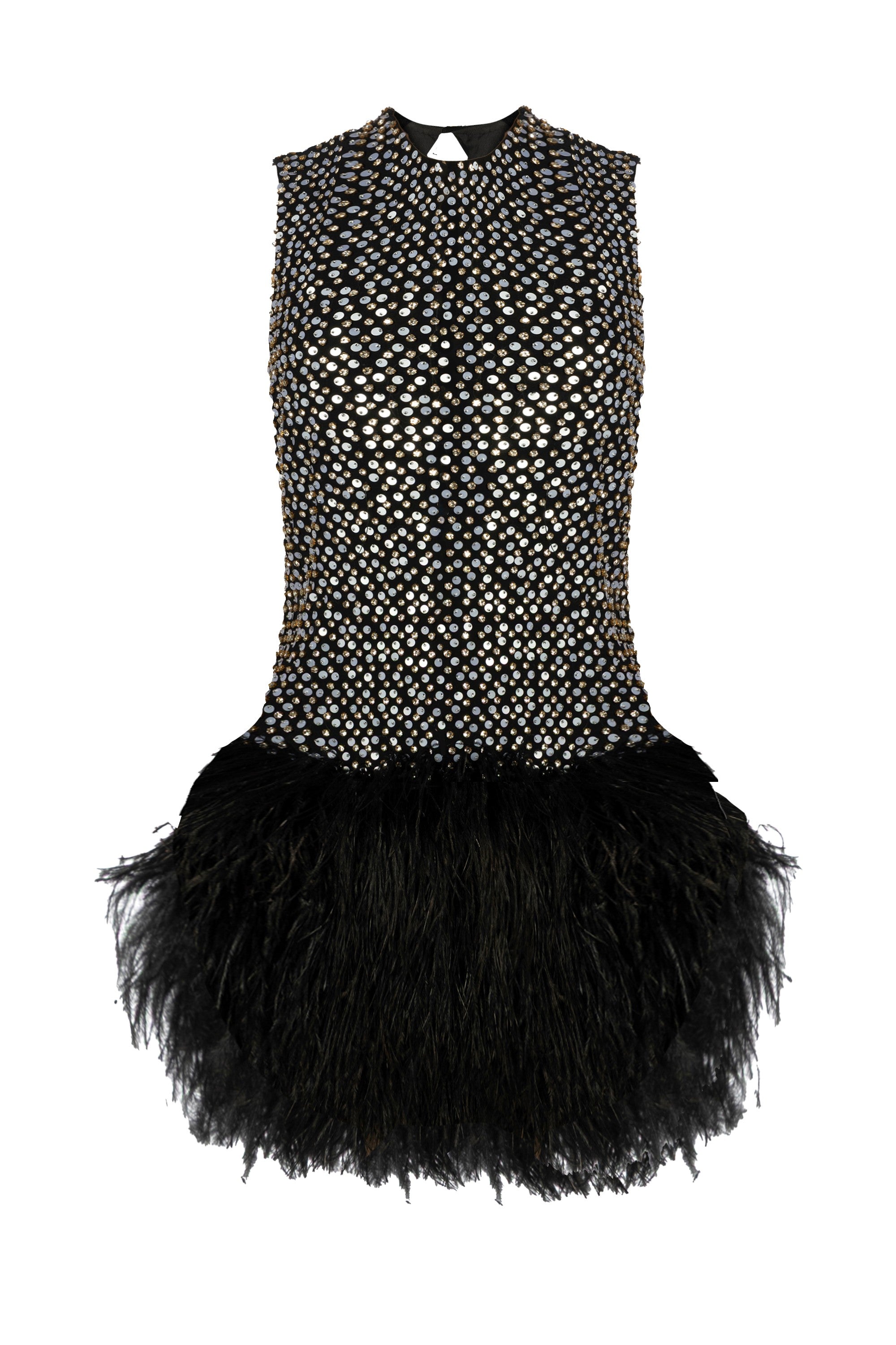 Luxury glamorous gala cocktail dress – midnight sequin ostrich feather mini with crystal celestial embroidery detailing