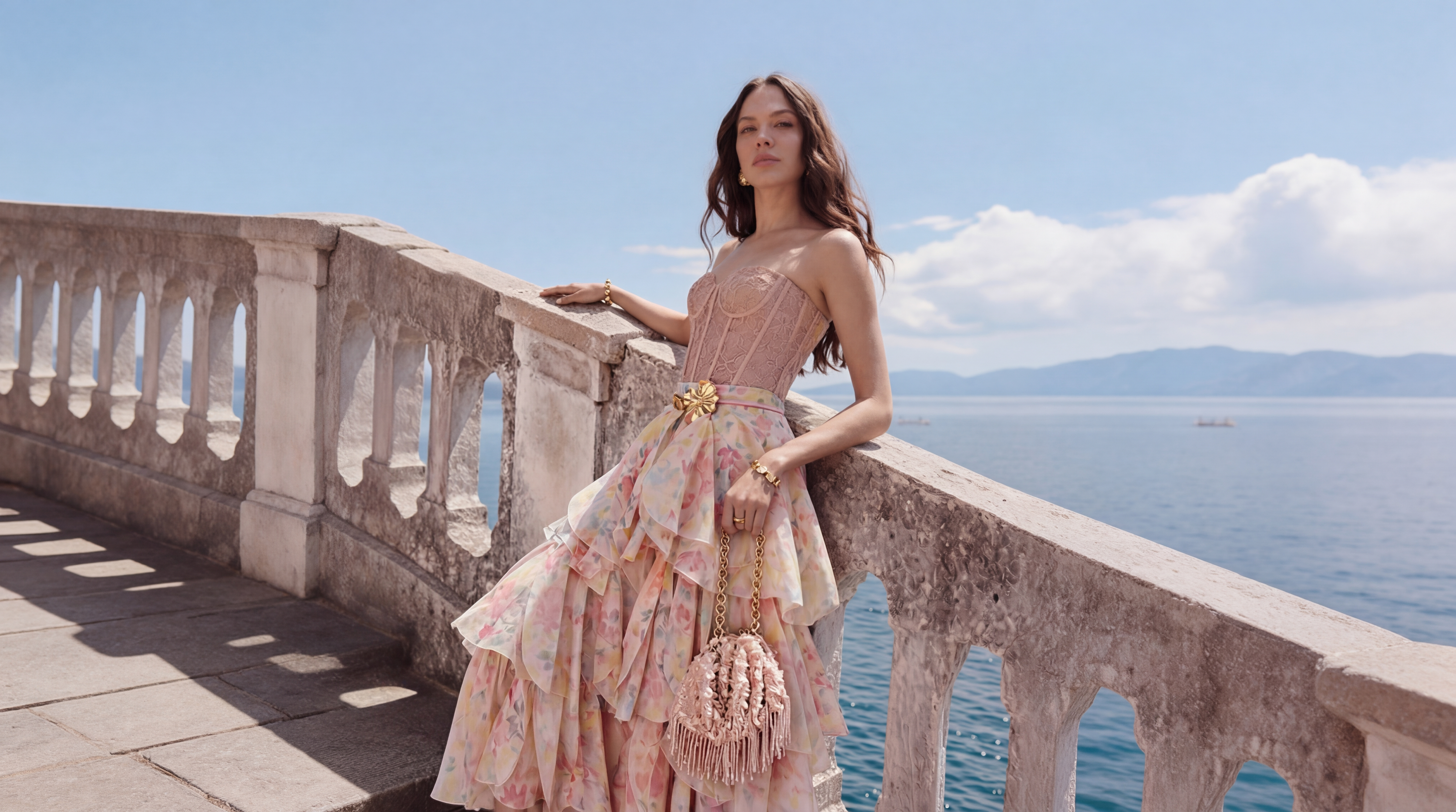 Woman in a floral dress standing on a balcony with a scenic ocean view.