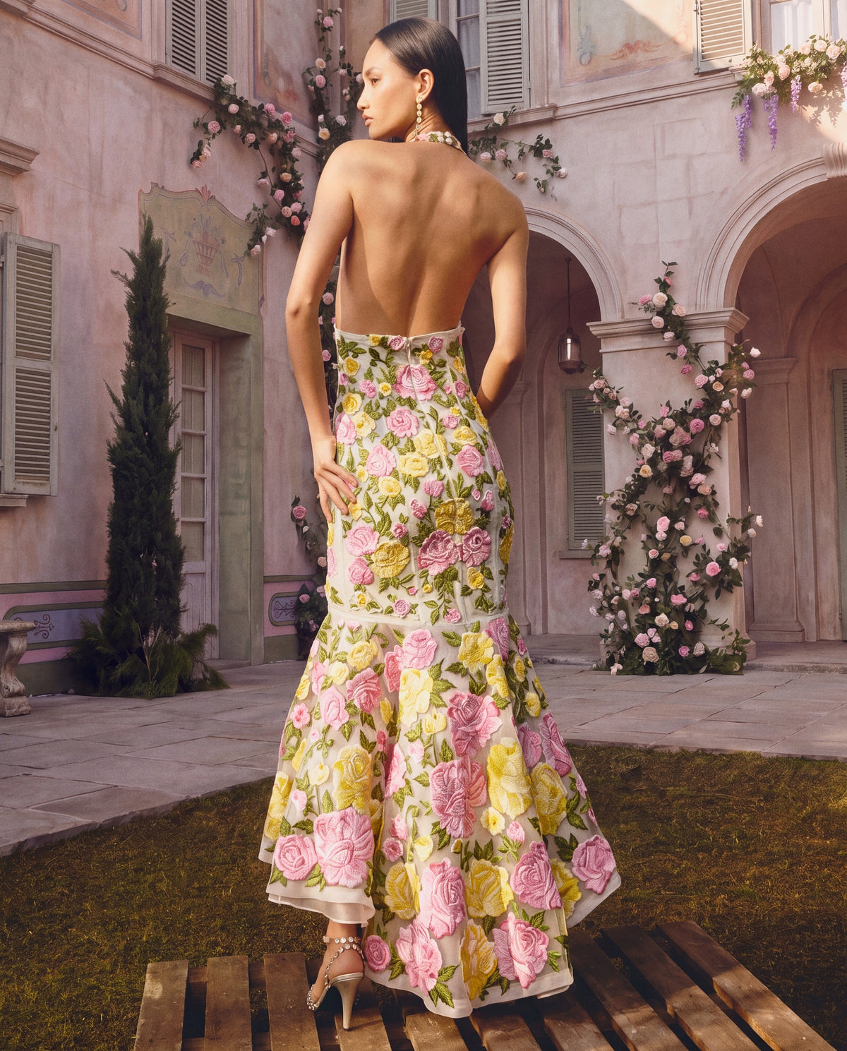 Citron Rosé Embroidered Halter Dress