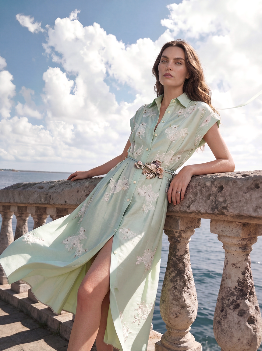 Woman in a light green floral dress standing by a railing with a scenic background