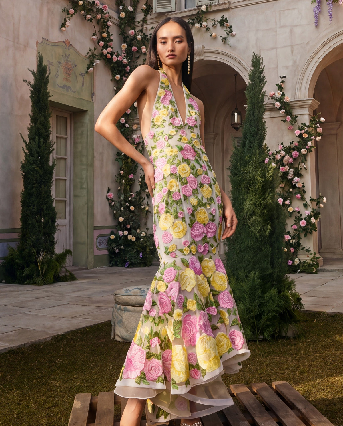Citron Rosé Embroidered Halter Dress