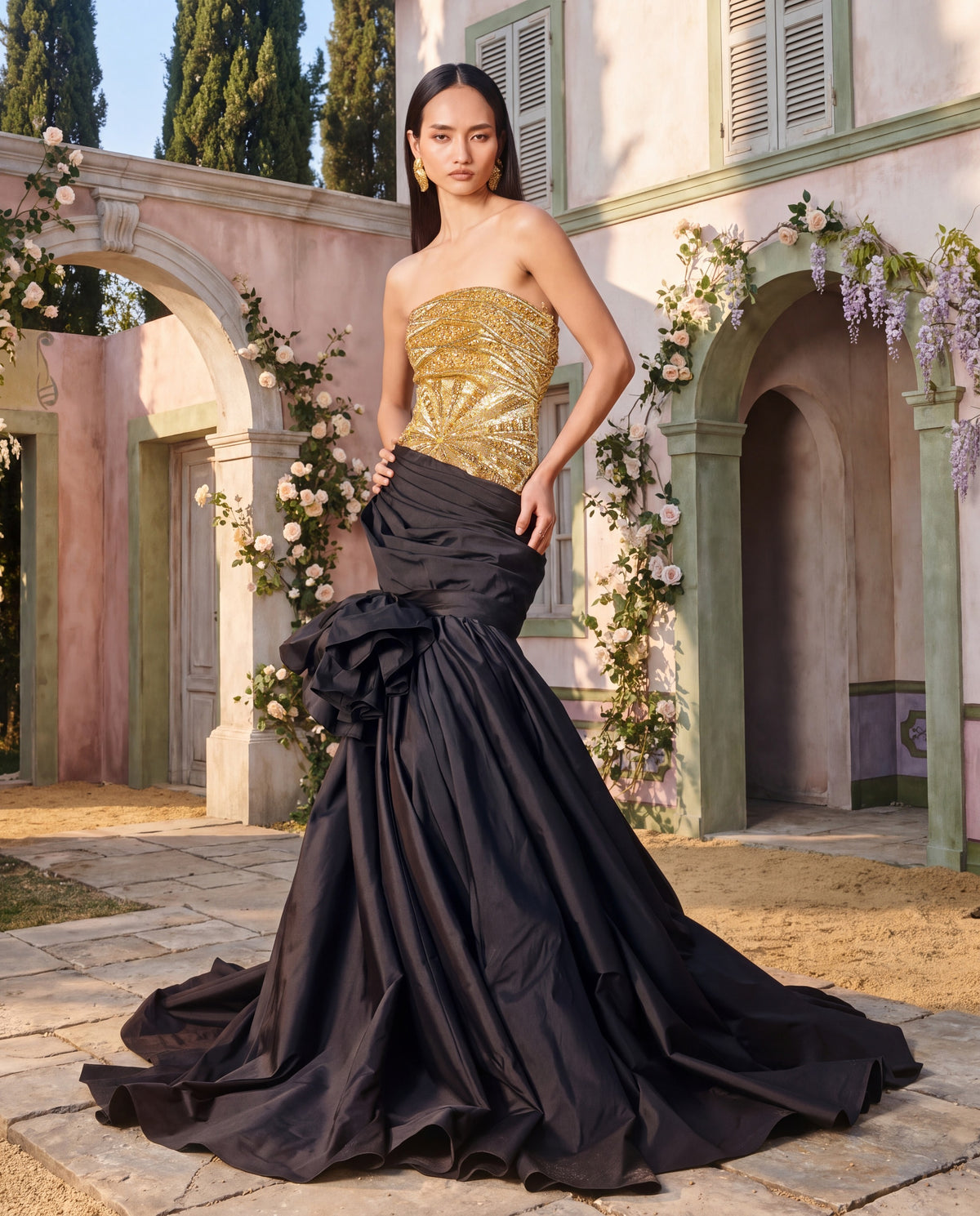 Champagne Crystal Embellished Draped Gown