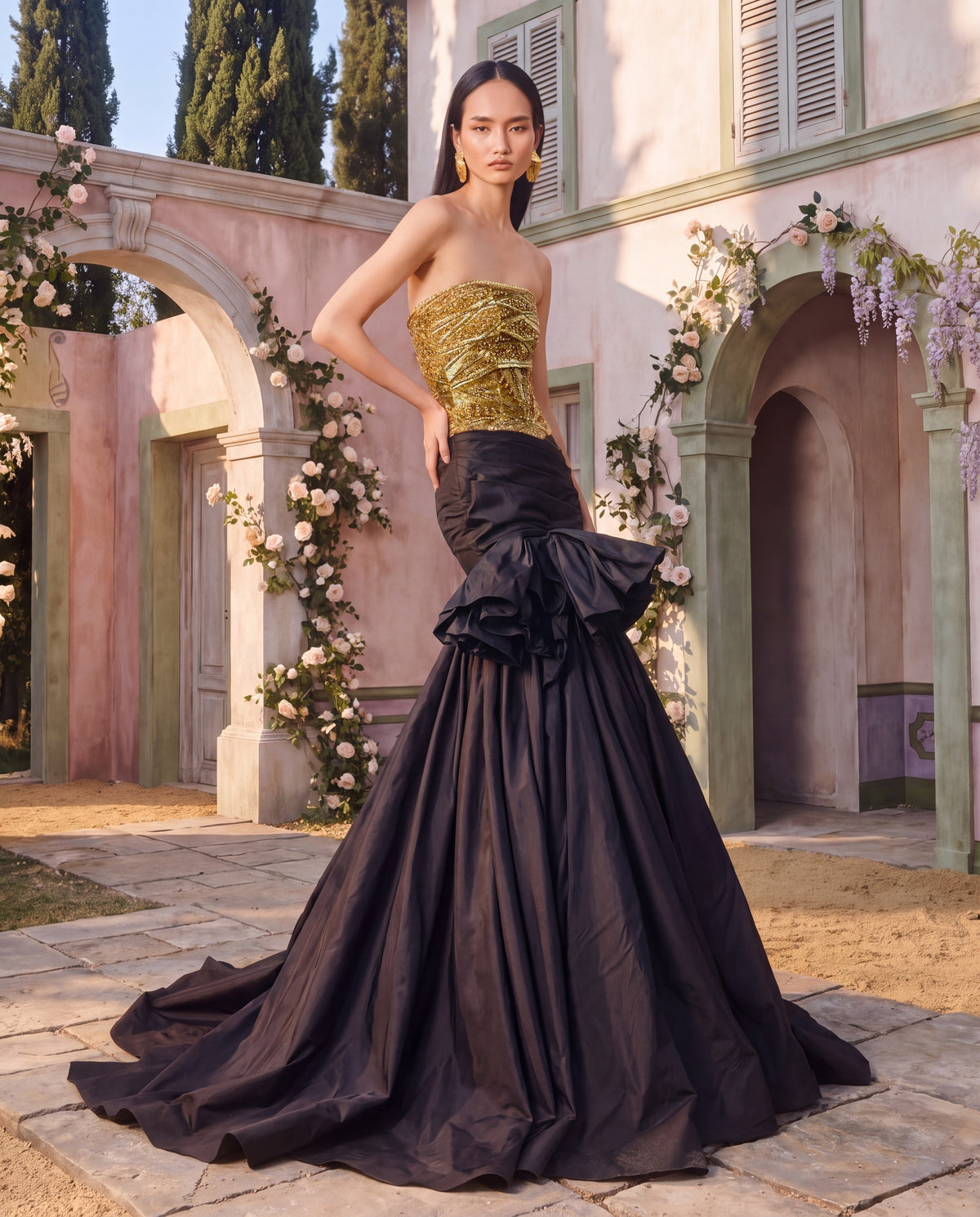 Champagne Crystal Embellished Draped Gown
