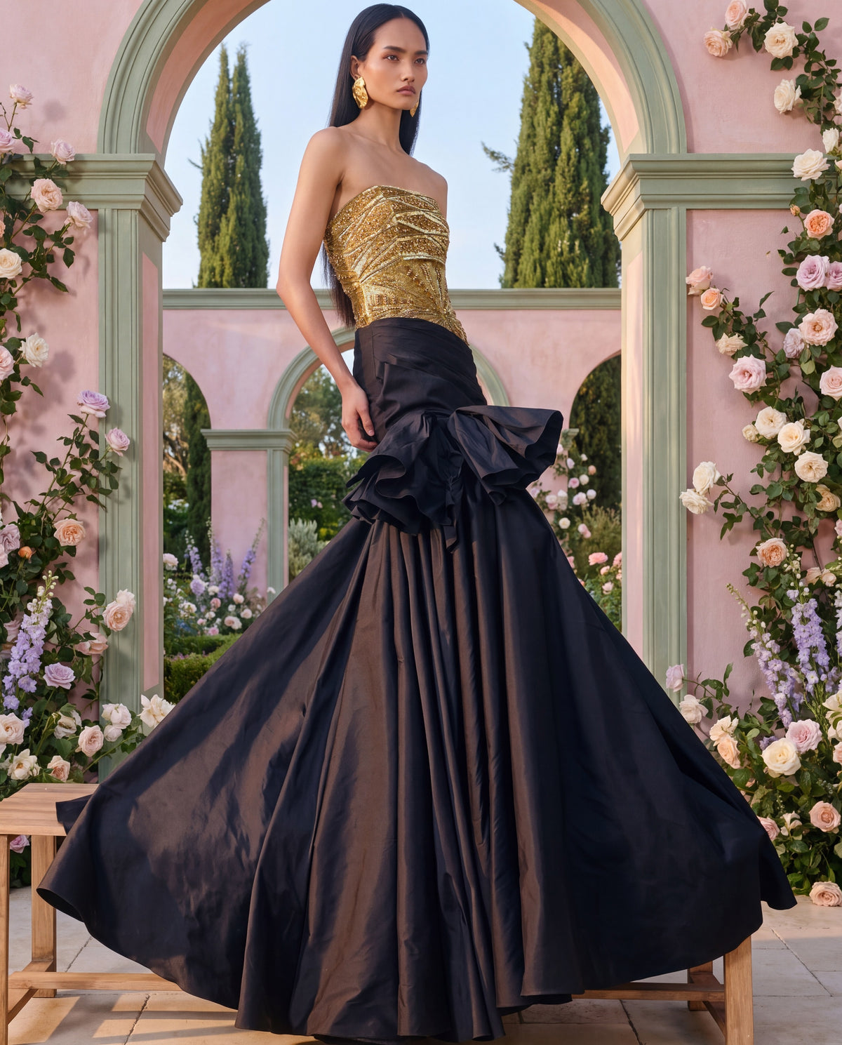 Champagne Crystal Embellished Draped Gown