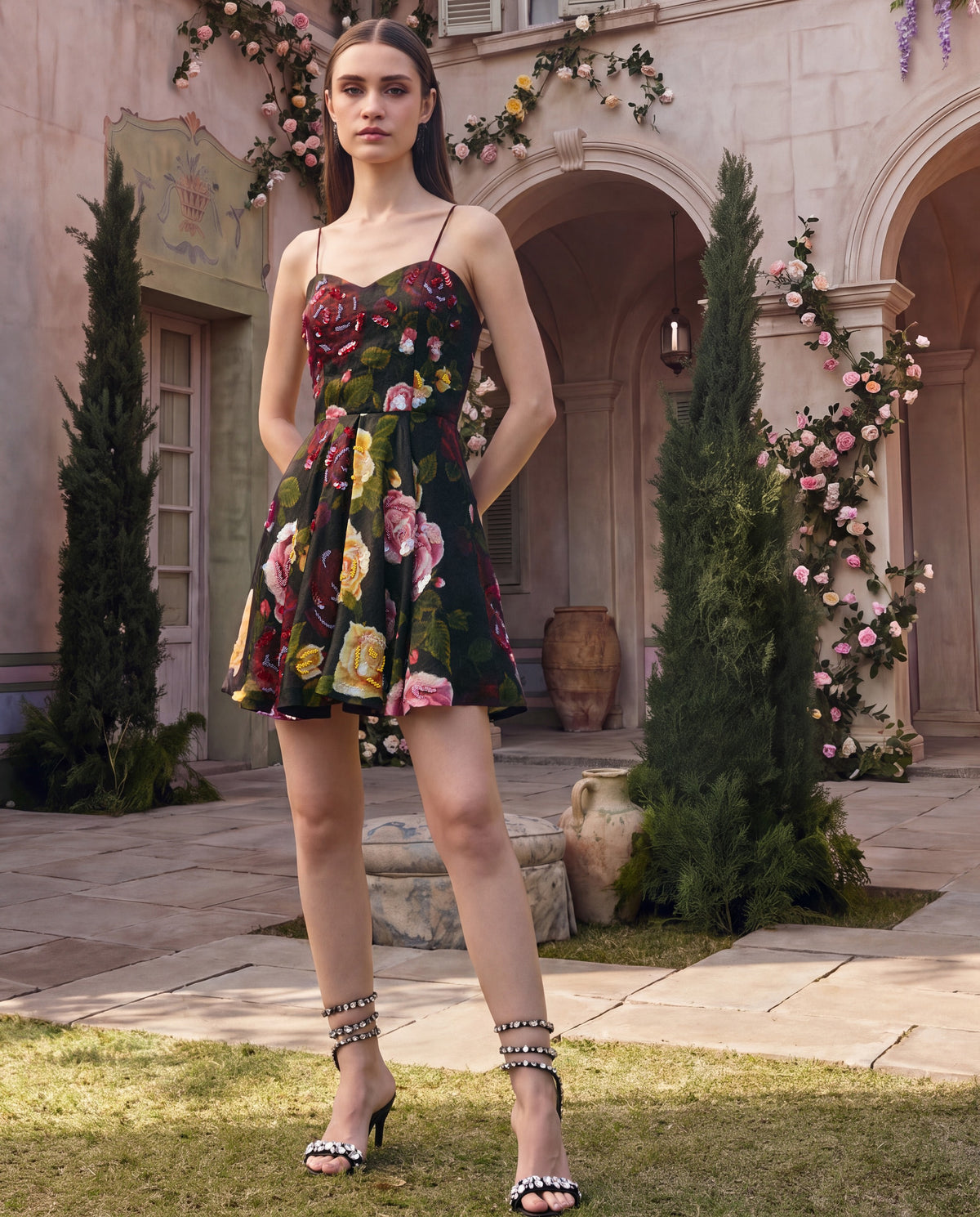 Midnight Rosette Silk Mini Dress