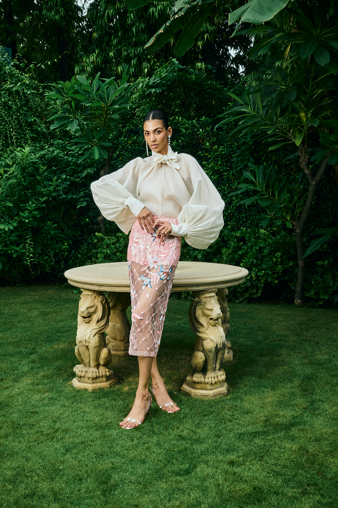 Beaded sheer pink embellished skirt designed as a chic after party skirt
