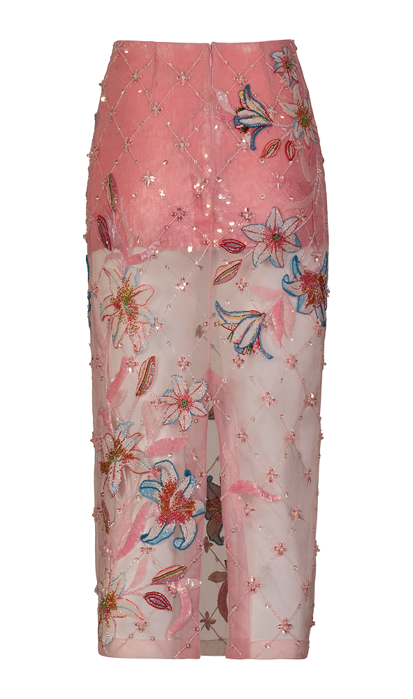 Pink floral pants with sequin detailing on a white background