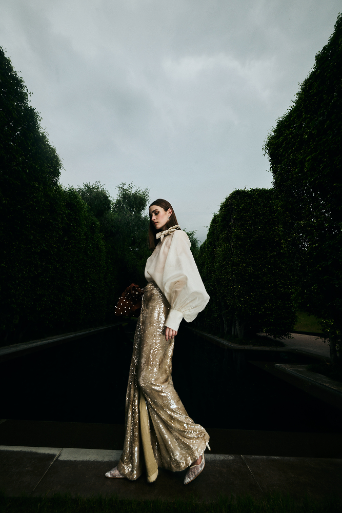 Embellished skirt designed as an elegant wedding guest outfit
