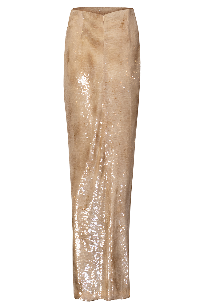 Embellished beaded skirt designed as a champagne side slit skirt for celebrations
