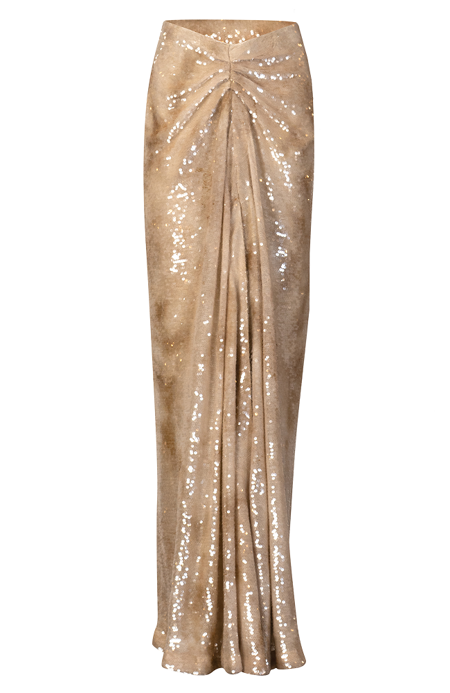 Beaded skirt styled as a sophisticated wedding guest outfit
