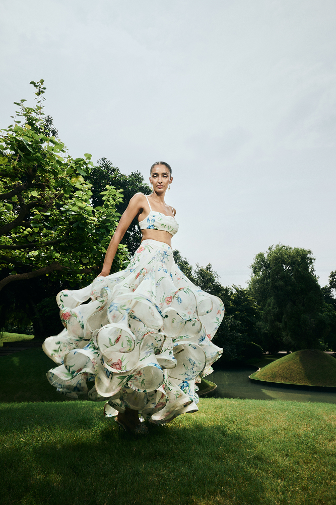 Tailored Bandeau Top paired for summer garden party styling
