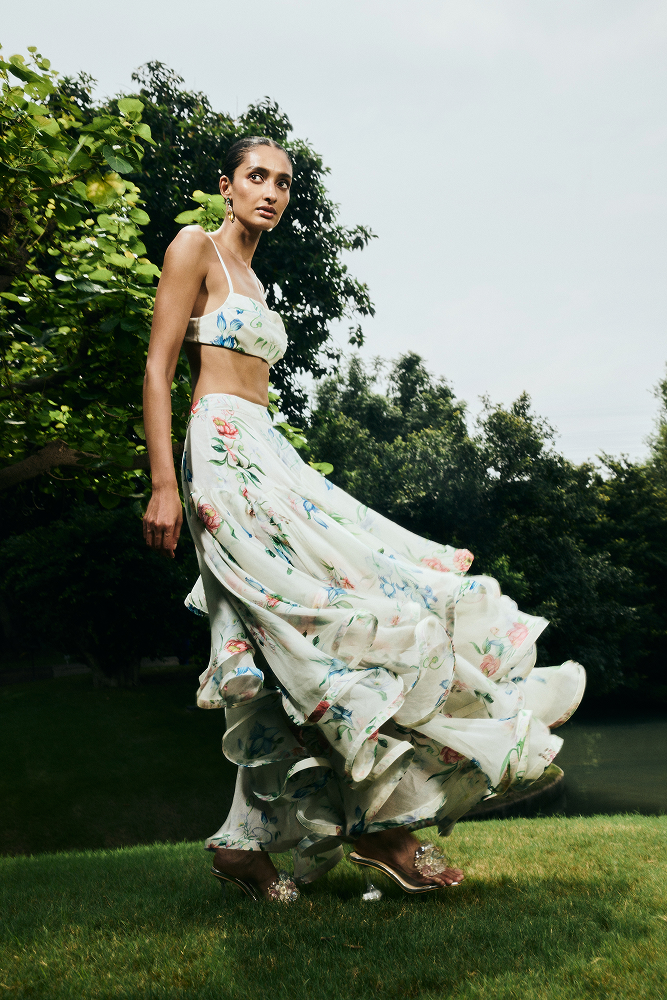 Printed top styled as a versatile guest of the wedding outfit
