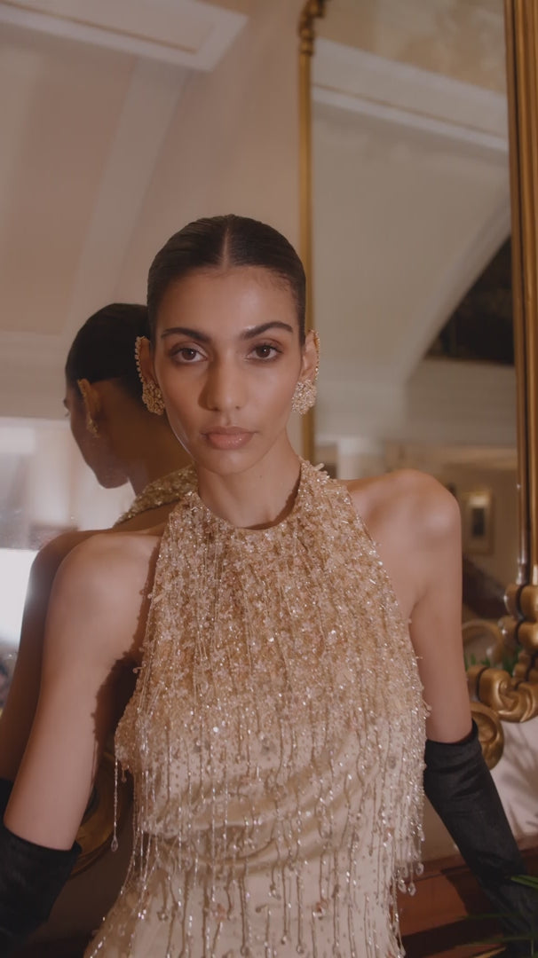 Onyx Siren Embellished Skirt And Drops Of Champagne Emb Halter Top