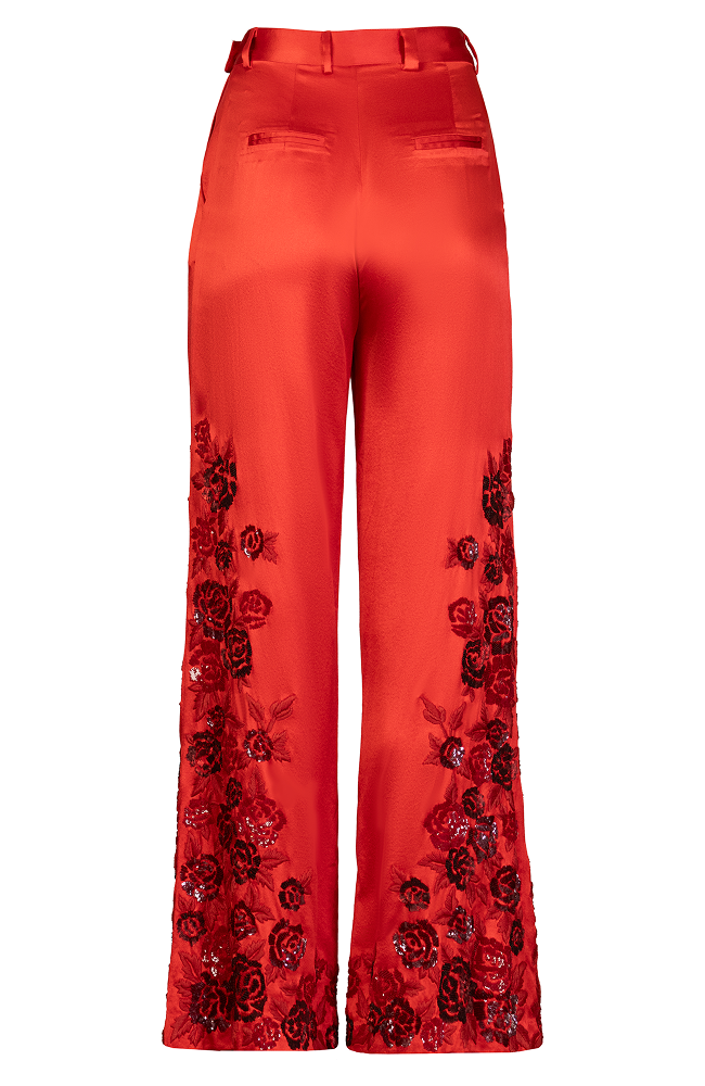 Embellished festive designer pants styled for after-party and evening wear
