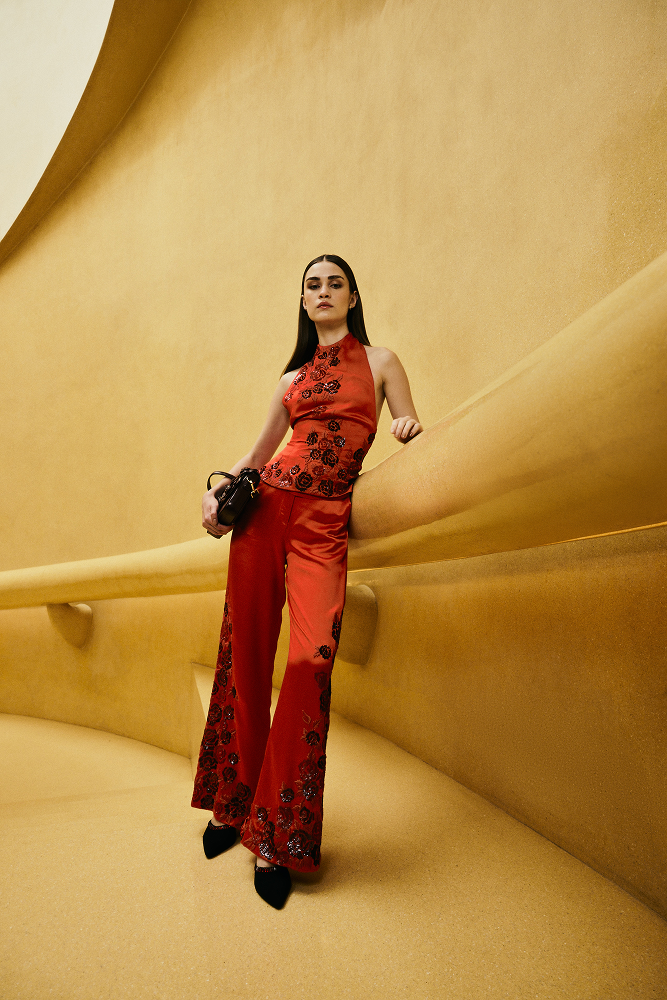 Cocktail party pants designed as refined after-party luxury pants
