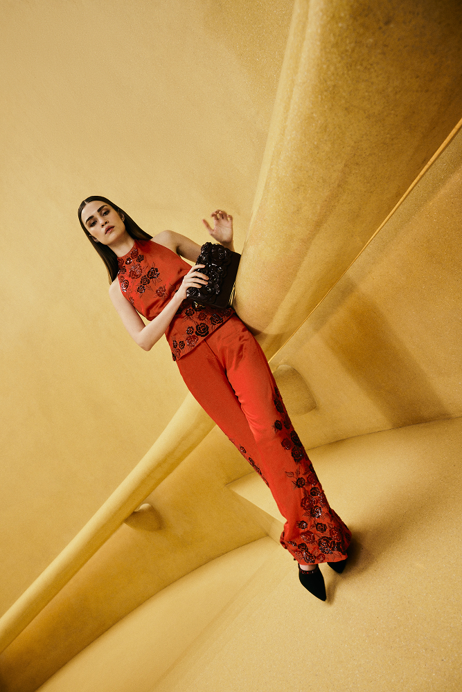 Embellished pants styled as elegant evening event wear pants
