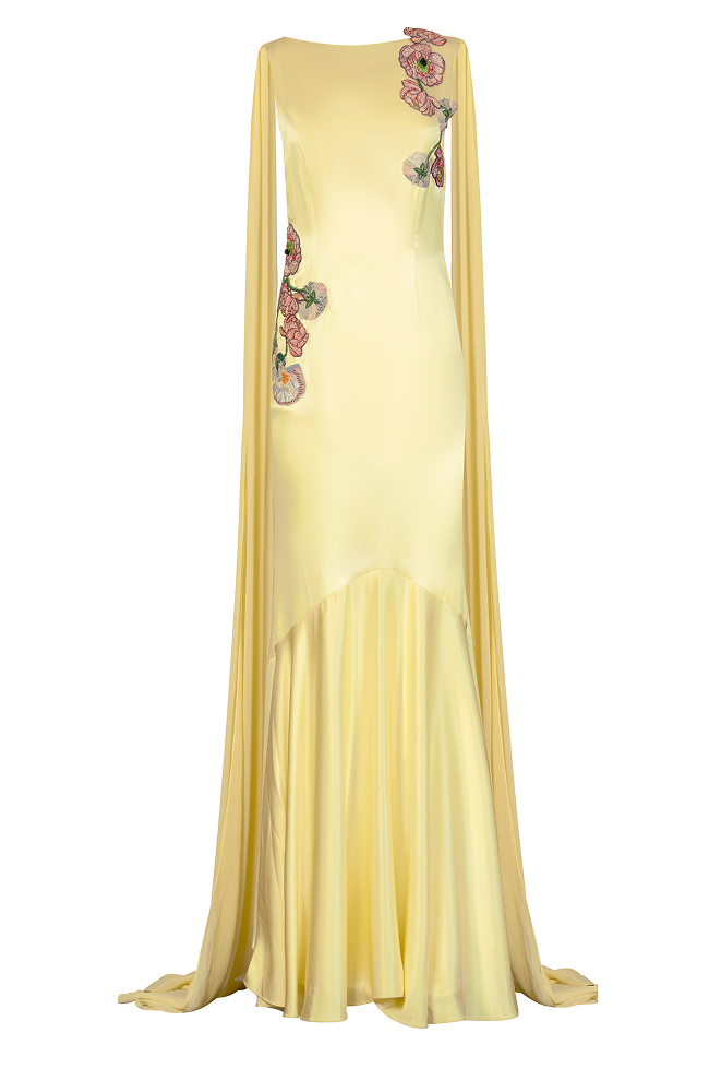 Mermaid silhouette floor length dress with elegant cape sleeves
