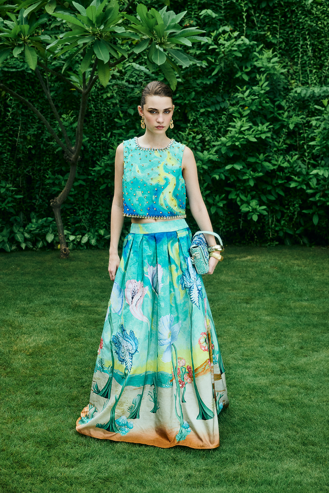 Printed skirt styled as elegant evening event wear

